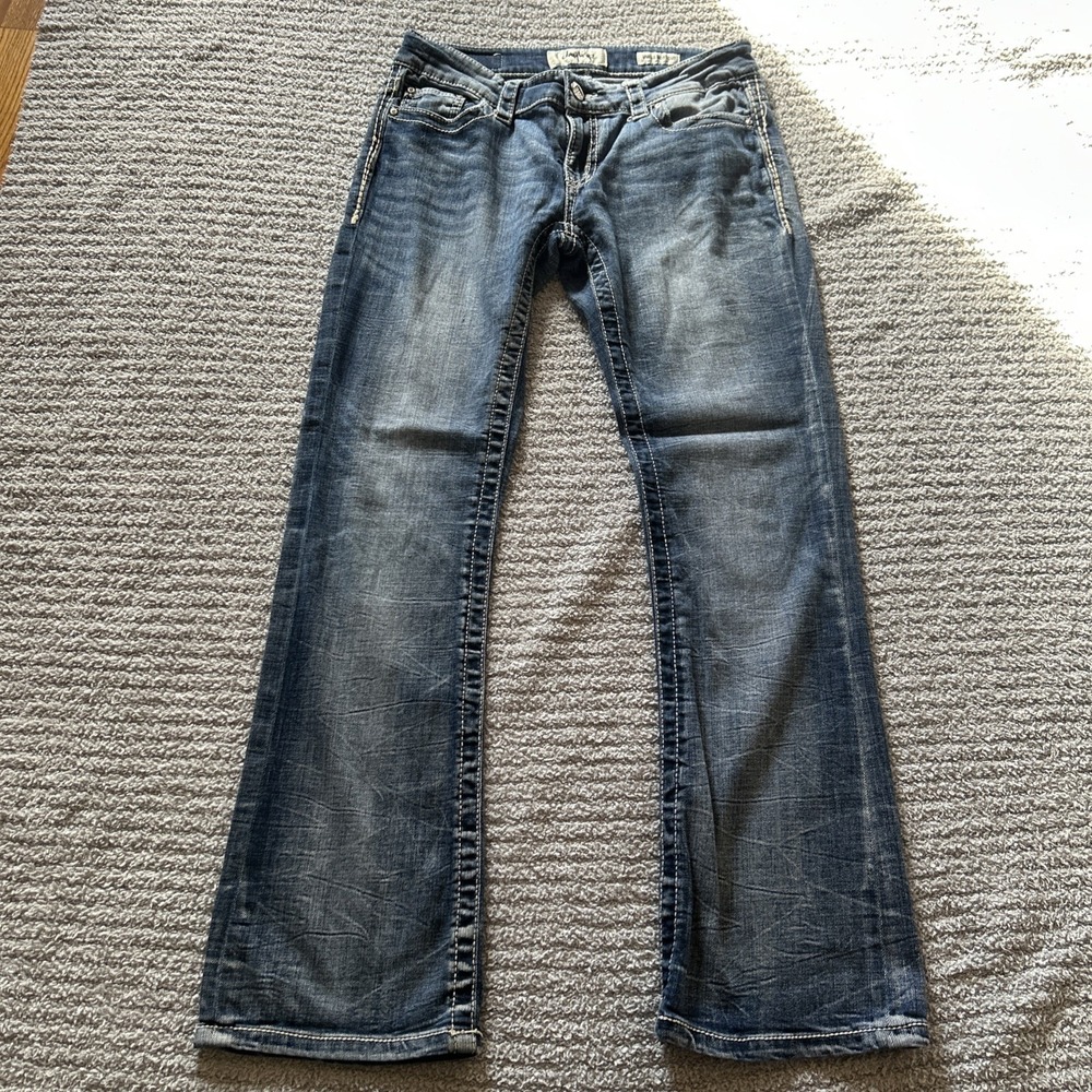 Daytrip Virgo Bootcut Ultra Low Rise Jeans Dark Blue Sz 28 Rhinestone Bling Y2K